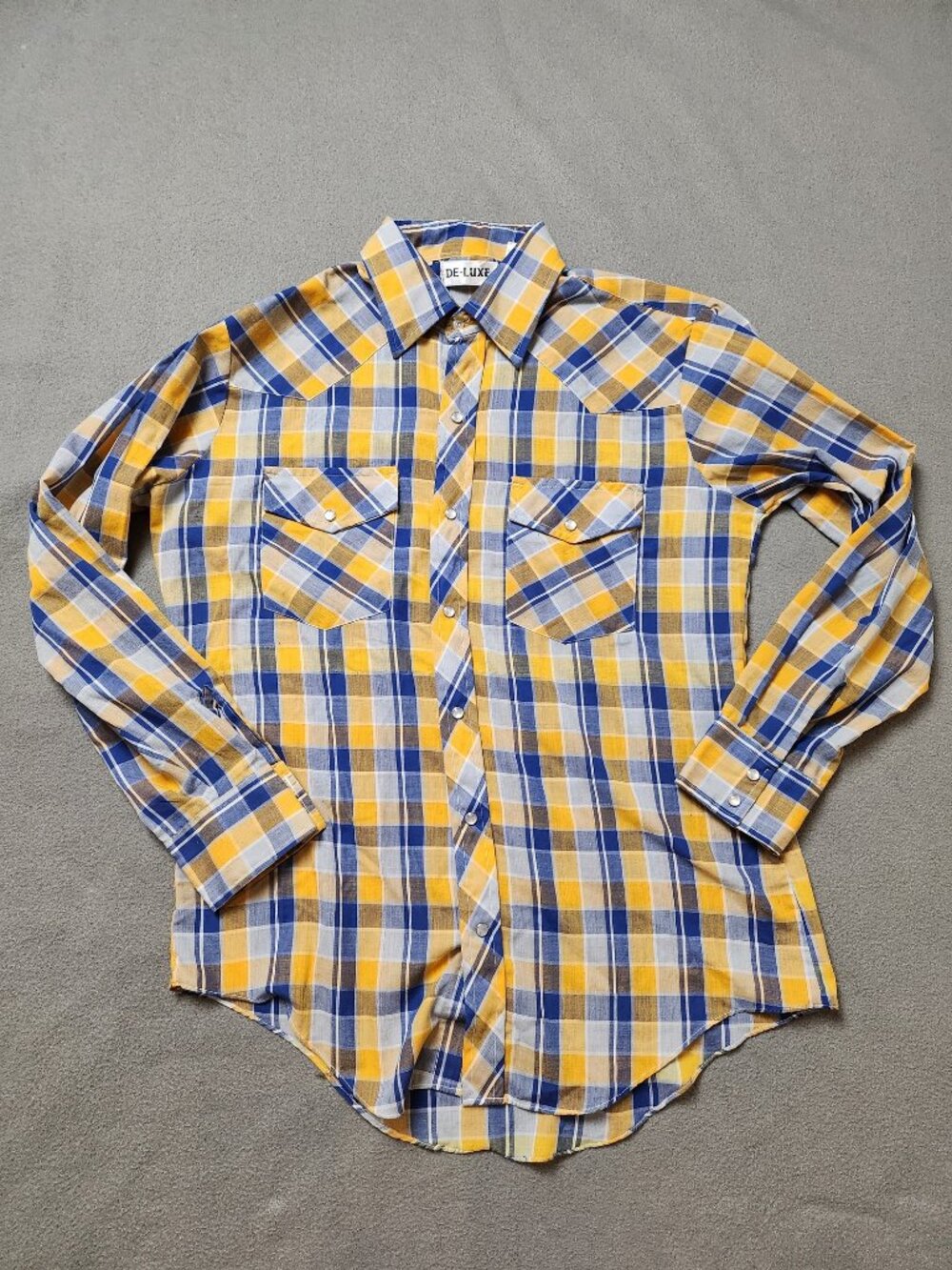 Vintage De-Luxe Western Pearl Snap Shirt Men's M Blue Yellow Plaid Made in Korea
